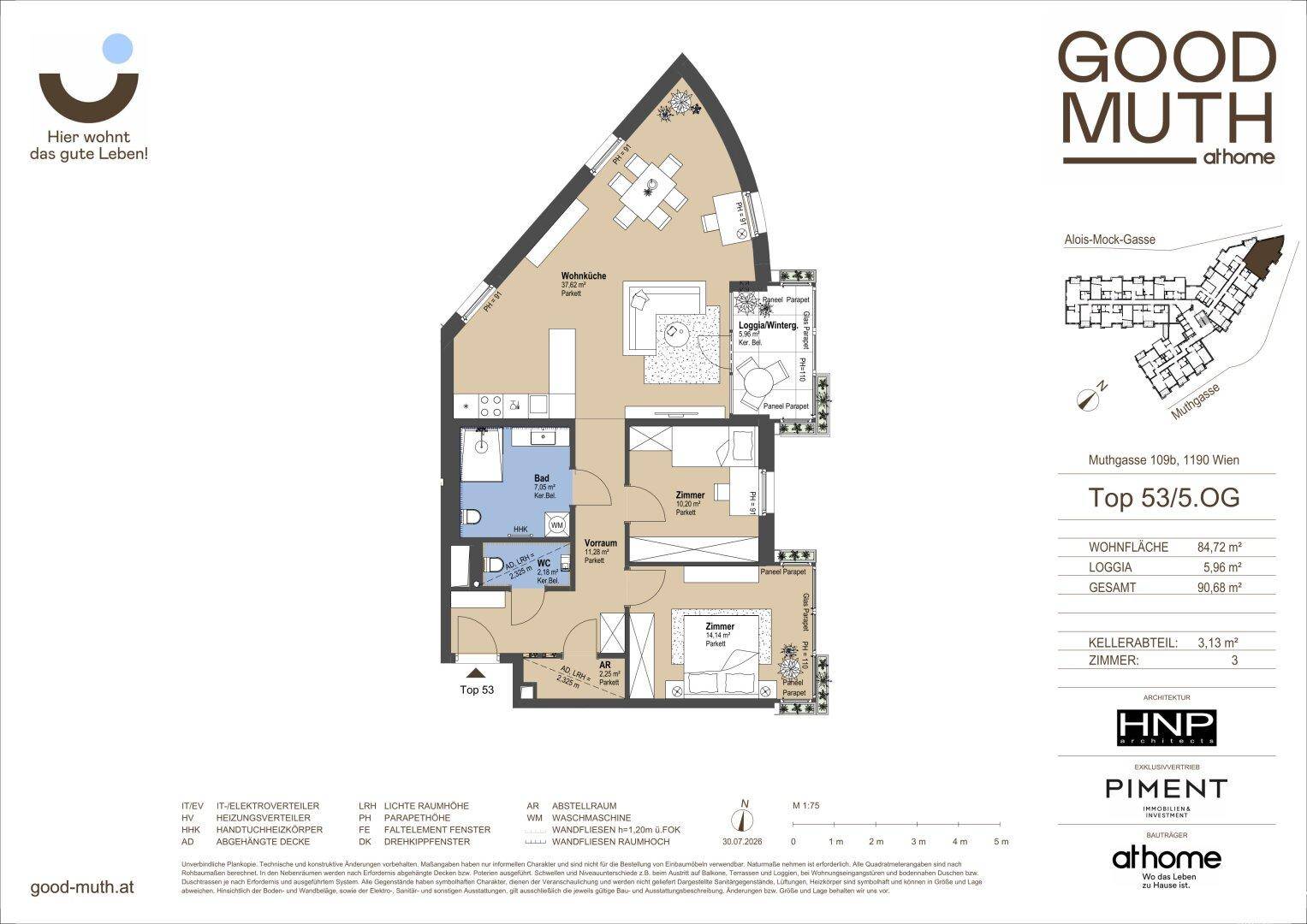 Grundriss einer Wohnung mit offener Wohnküche, zwei Schlafzimmern, einem Bad und einer Loggia.
