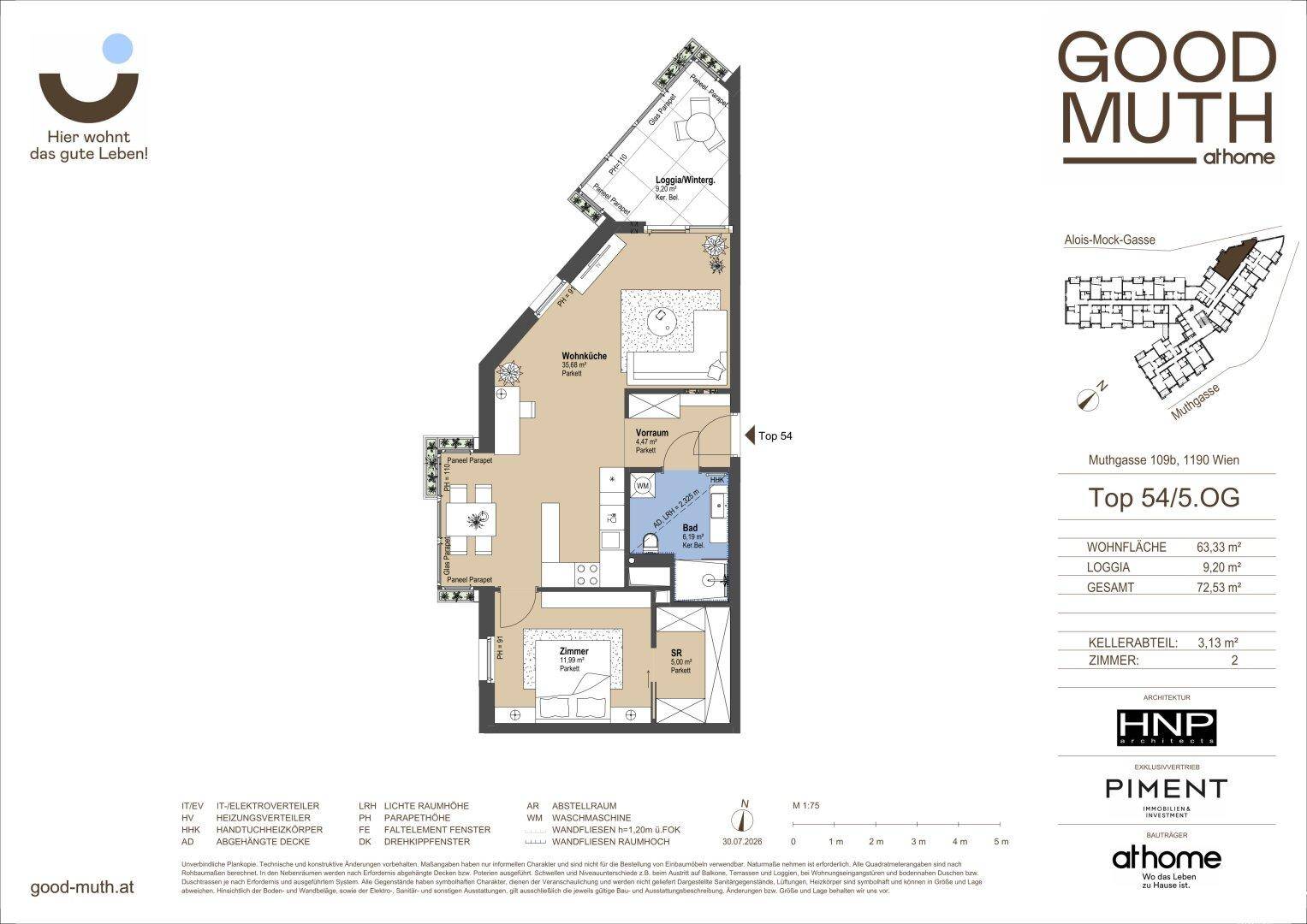 Grundriss einer Wohnung im 5. Obergeschoss mit zwei Loggien, offener Wohnküche, einem Schlafzimmer und separatem WC.