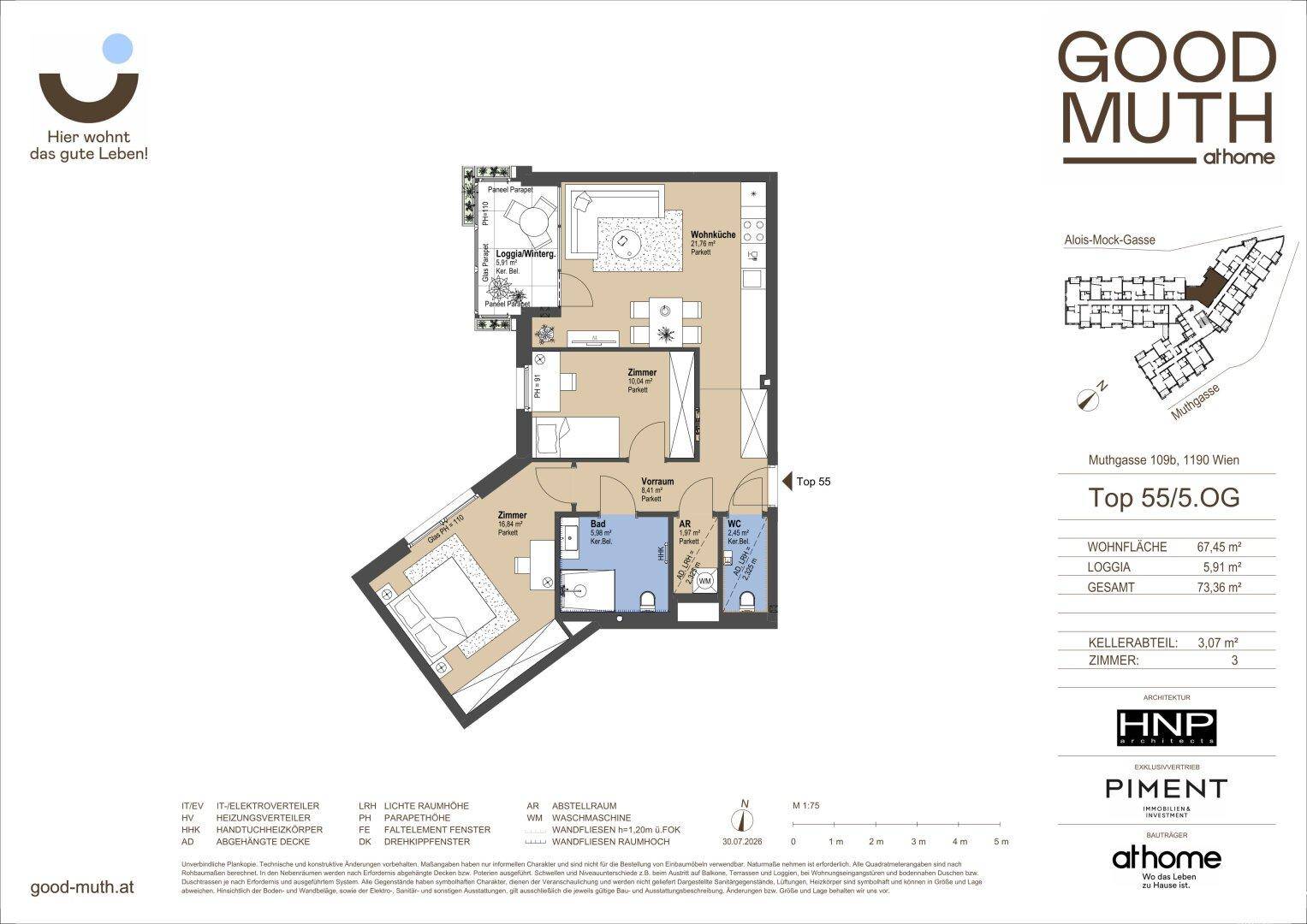 Grundriss einer modernen Wohnung mit offener Wohnküche, zwei Schlafzimmern, Bad, separatem WC und Loggia.