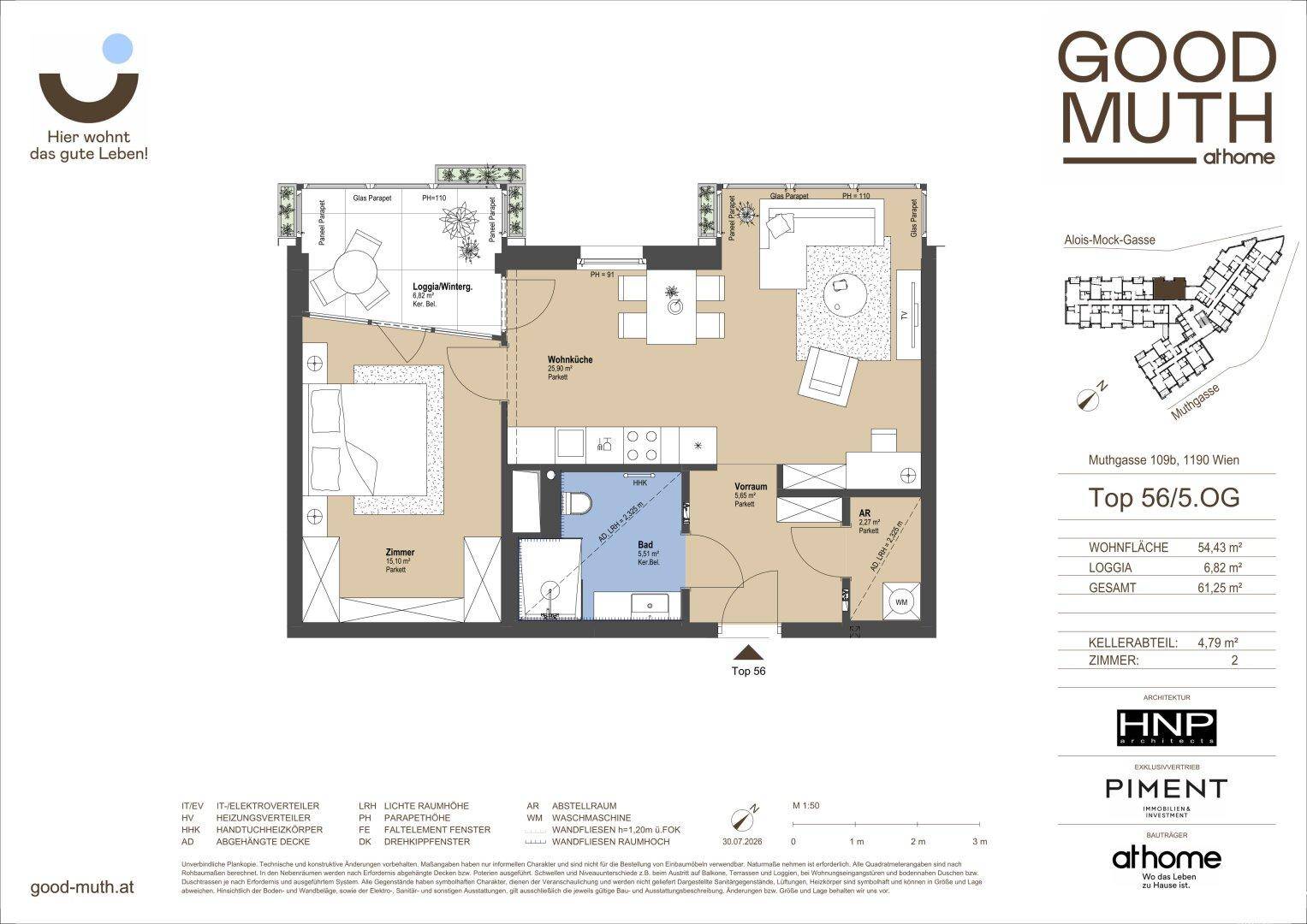 Grundriss einer Wohnung mit zwei Zimmern, offener Wohnküche, Bad und einer Loggia im 5. Obergeschoss.