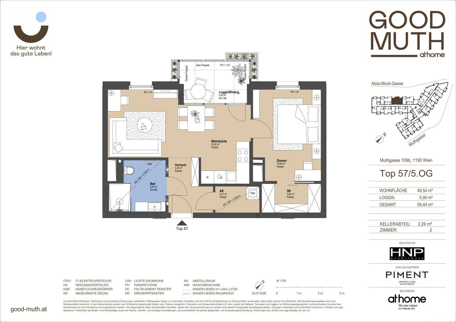 Grundrissplan einer Wohnung mit offenem Wohn-Essbereich, einem Schlafzimmer, Bad und einer Loggia.