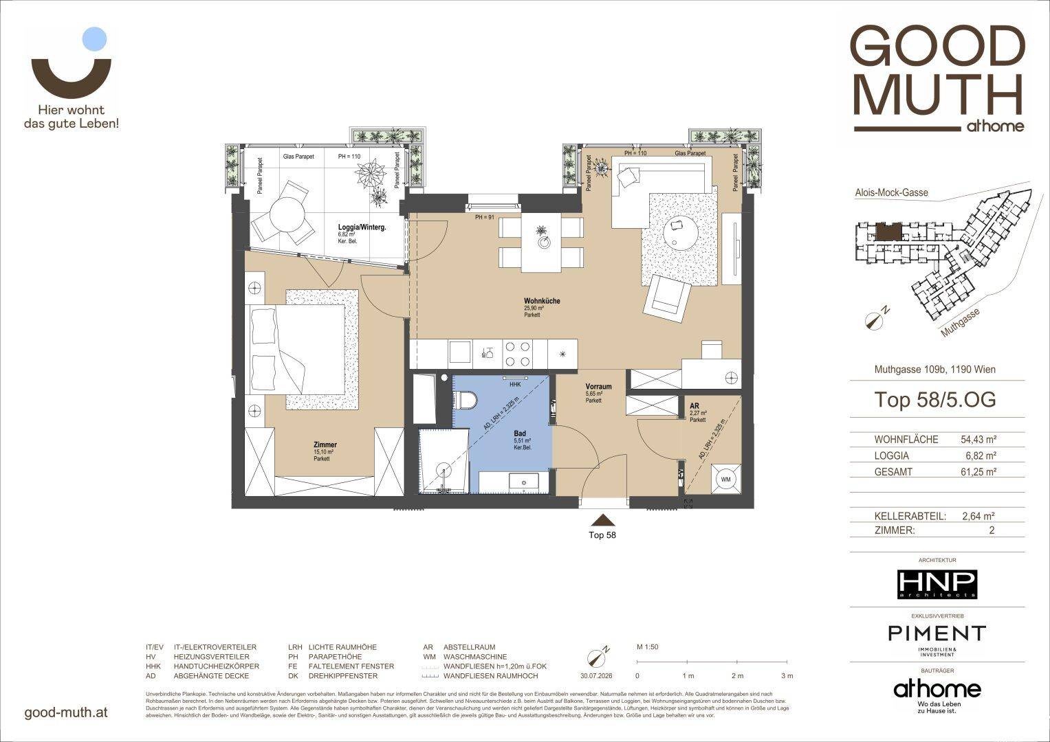 Detaillierter Grundriss einer 2-Zimmer-Wohnung mit offener Wohnküche, Loggia und separatem WC.