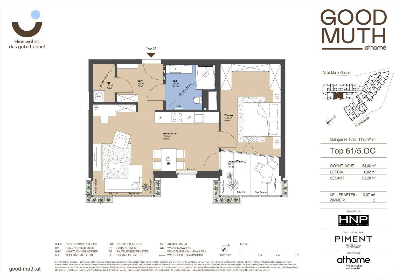 Grundriss einer Wohnung mit offenem Wohn-Essbereich, zwei Schlafzimmern, einem Badezimmer und einer Loggia.