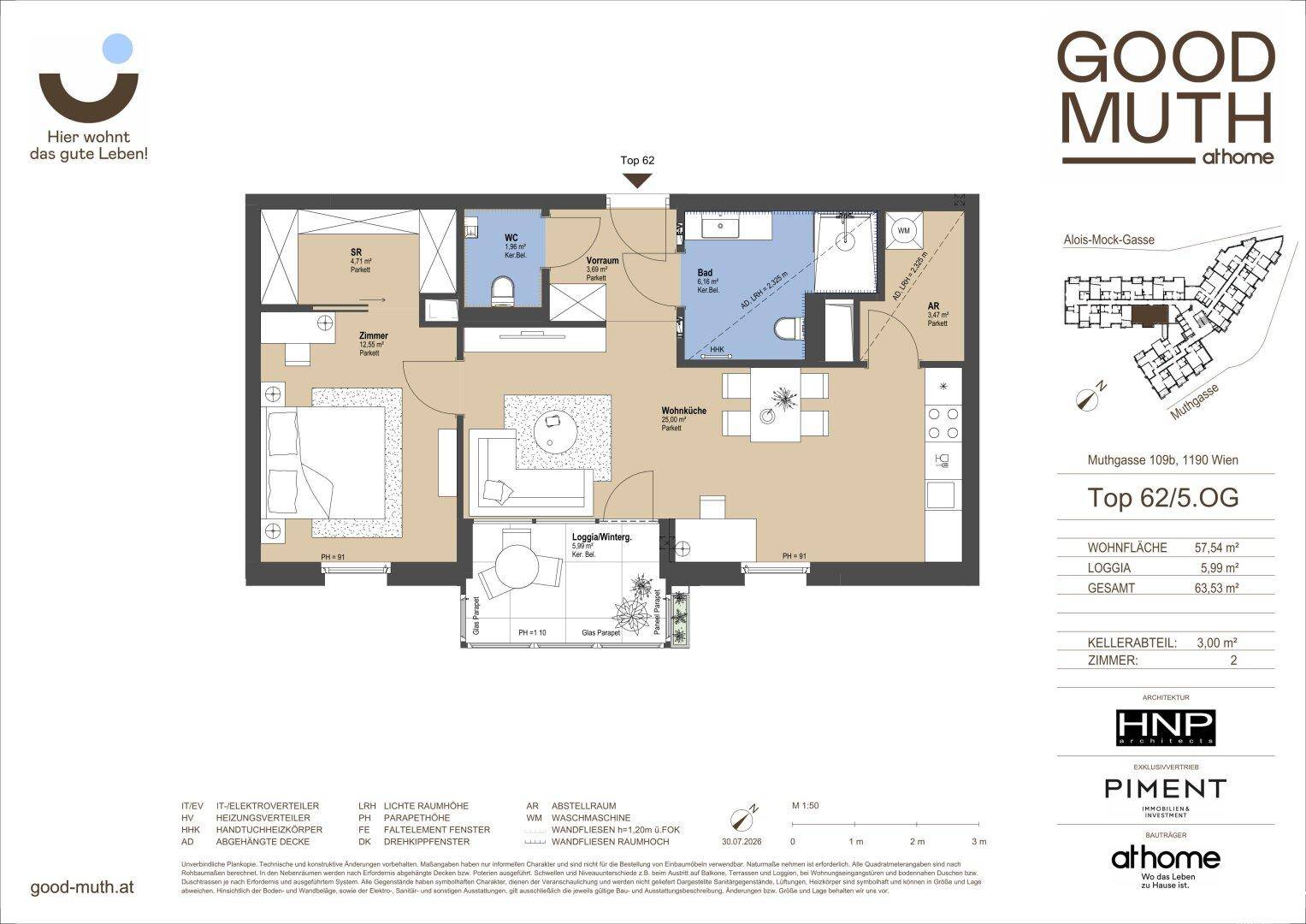 Grundriss einer Wohnung mit offenem Wohn-Essbereich, einem Schlafzimmer, separatem WC und einer Loggia.