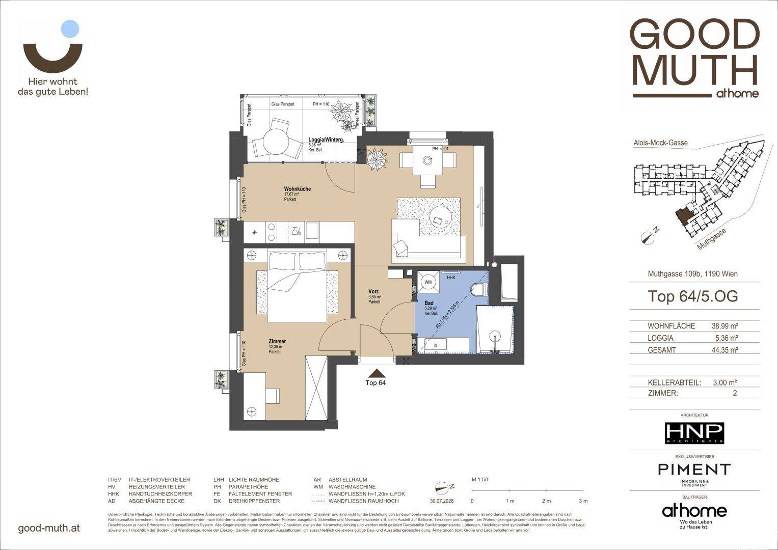 Grundriss einer kompakten Wohnung mit offener Wohnküche, einem Schlafzimmer, Bad und einer Loggia.