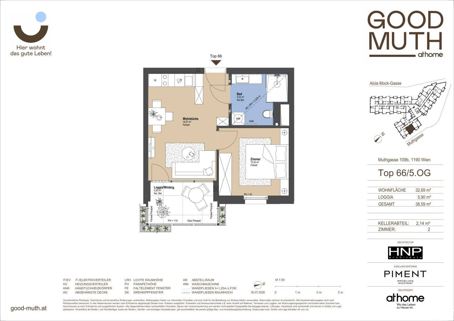 Grundriss einer modernen 2-Zimmer-Wohnung mit offener Wohnküche, Schlafzimmer, Bad und Loggia.