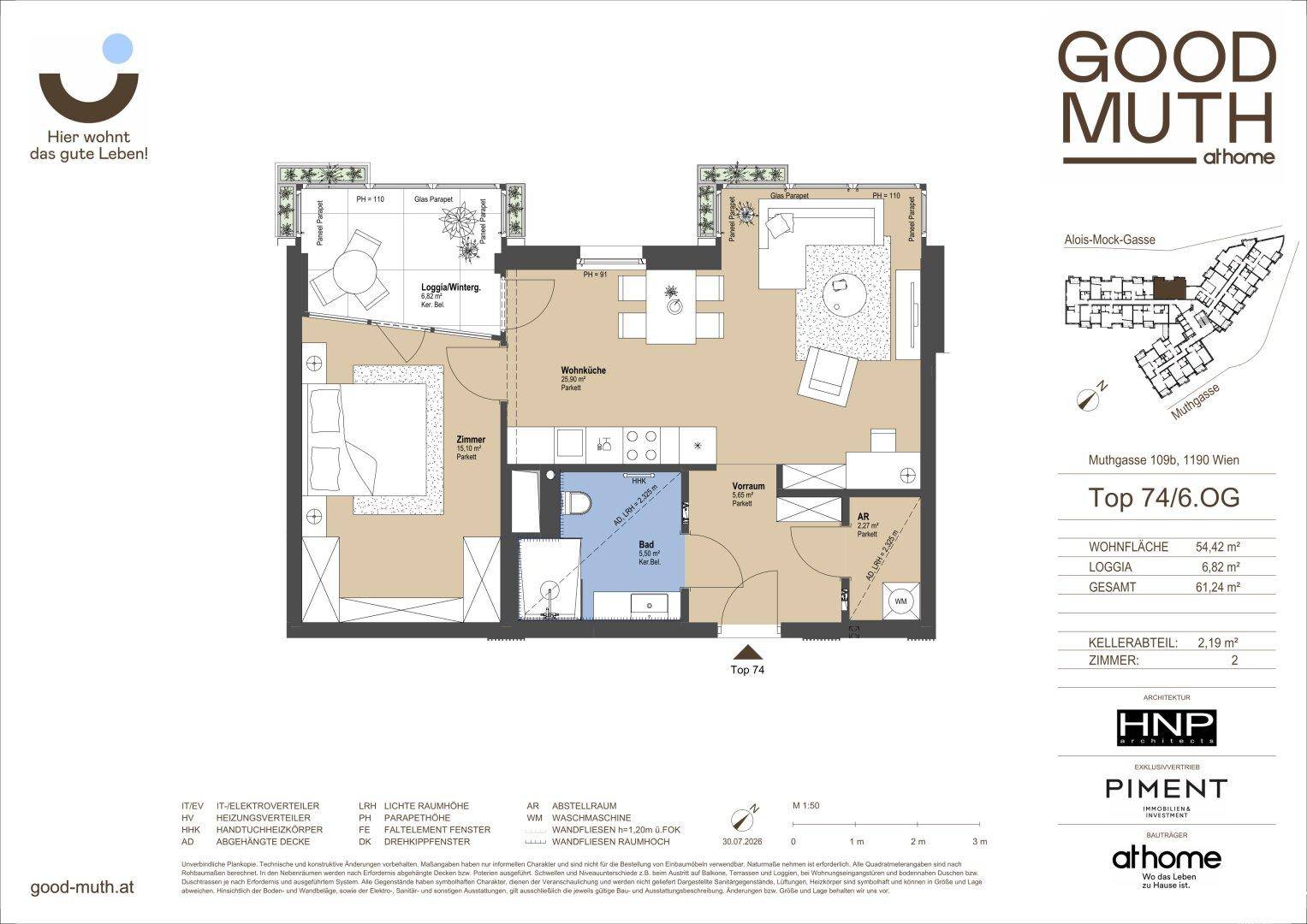 Detaillierter Grundriss einer Wohnung mit zwei Schlafzimmern, Loggia und offenem Wohnbereich.