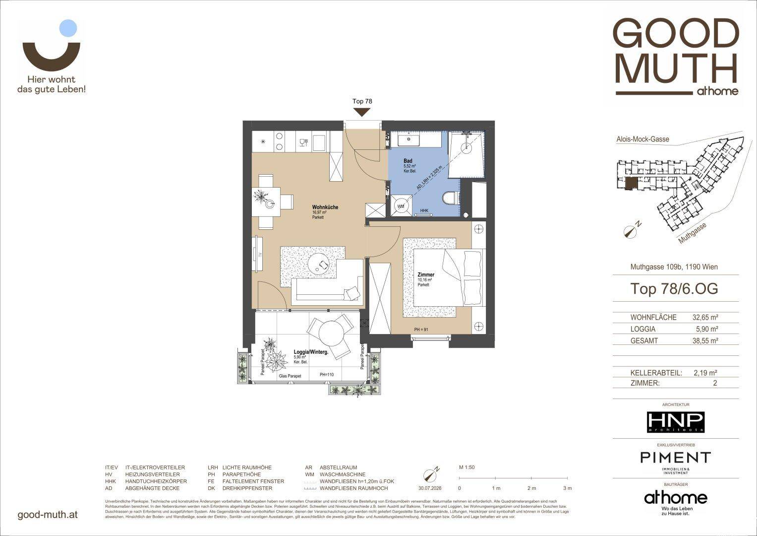 Grundriss einer modernen Wohnung im 6. Obergeschoss mit offener Wohnküche, Loggia und Kellerabteil.
