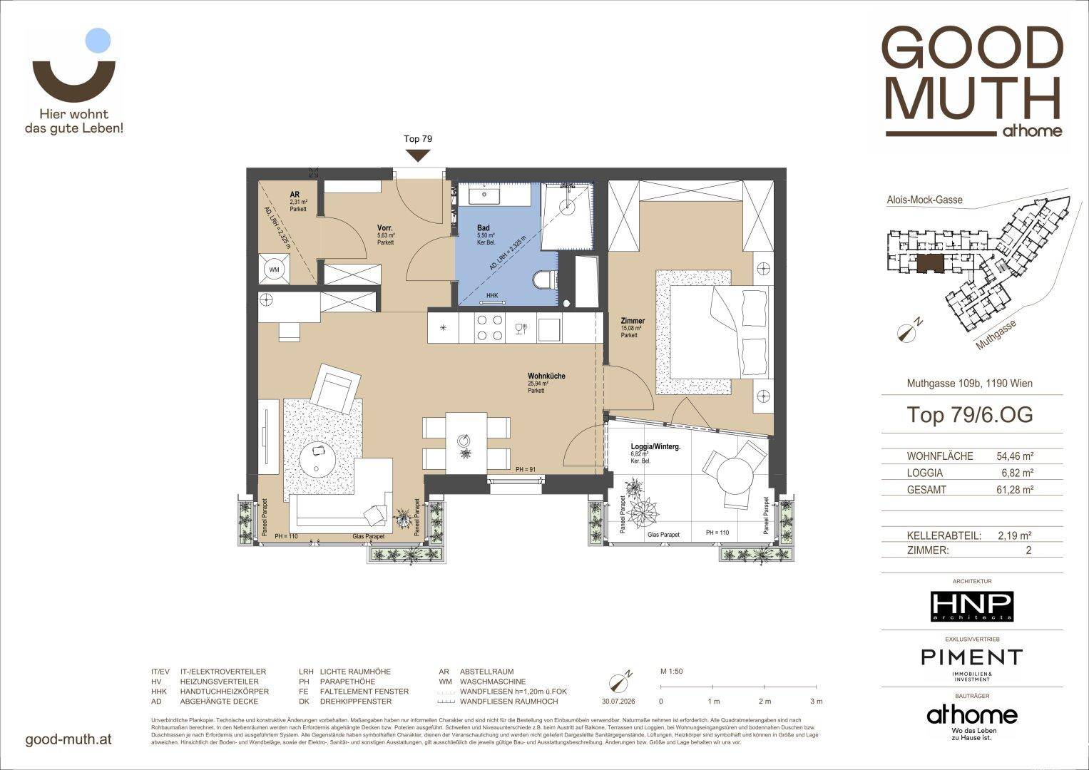 Grundriss einer Wohnung mit Wohnküche, Schlafzimmer und Loggia.