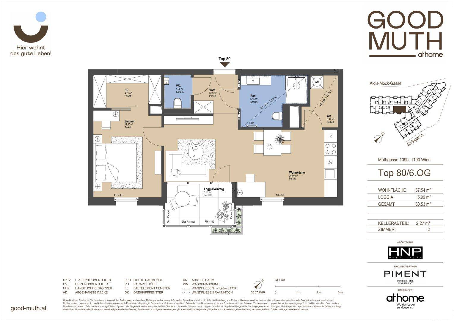 Ein detaillierter Grundriss einer Wohnung mit drei Schlafzimmern und einer Loggia.