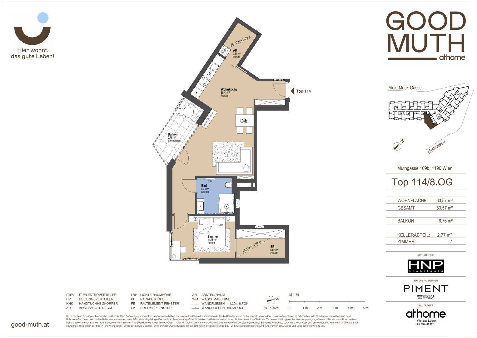 Grundriss einer modernen Wohnung mit offener Wohnküche, einem Schlafzimmer, Bad und Balkon.