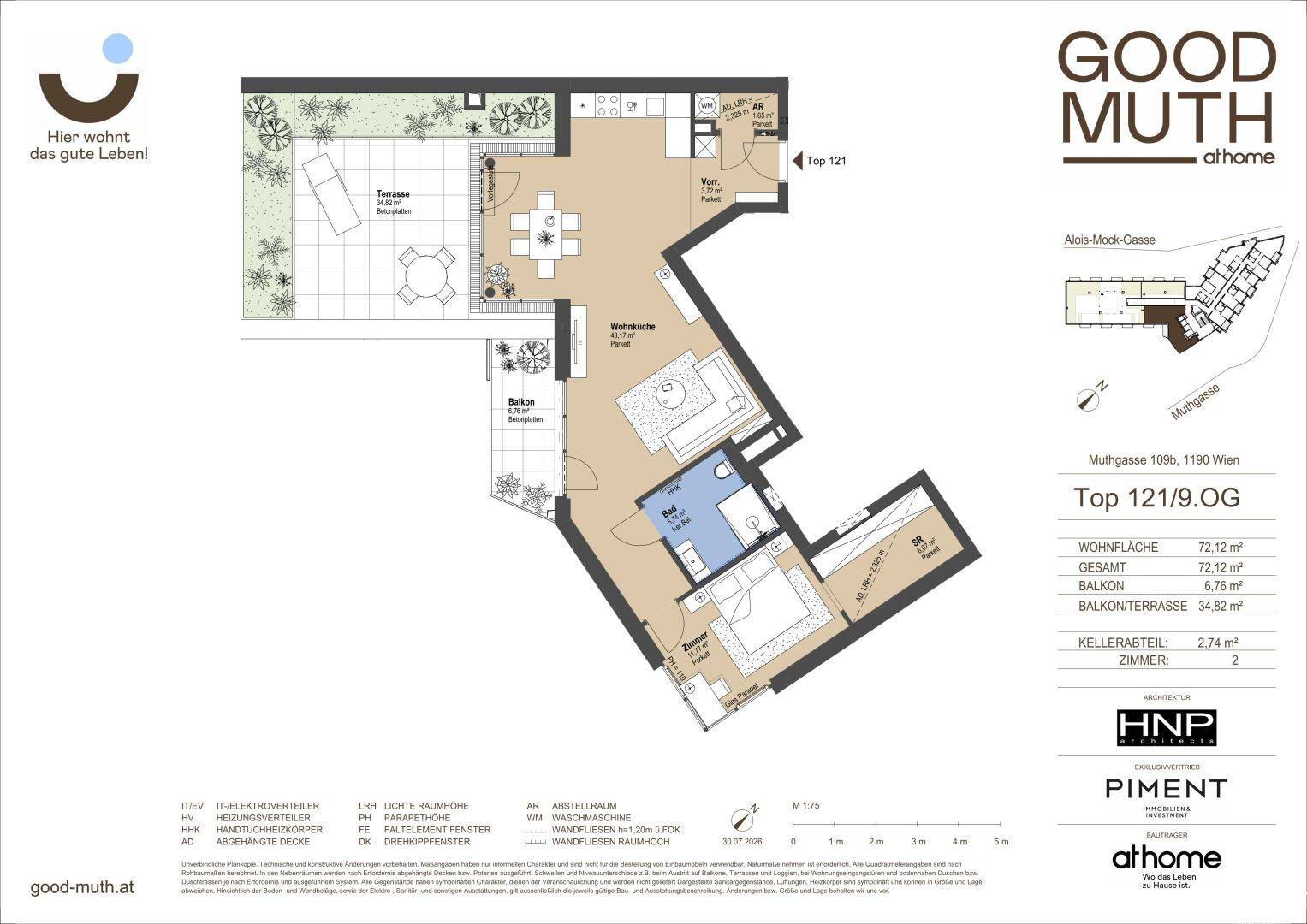Grundriss einer modernen Wohnung mit offener Wohnküche, Schlafzimmer, Bad, separatem WC, großer Terrasse und Balkon.