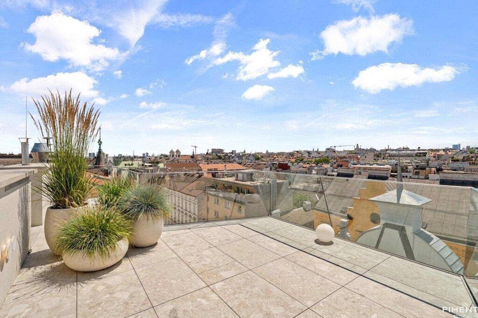 Geräumige Dachterrasse mit Panoramablick über die Stadt und modernen Pflanzgefäßen unter blauem Himmel.