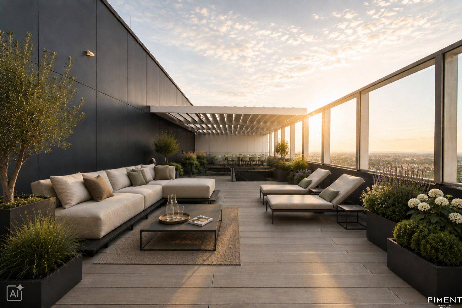 Luxuriöse Dachterrasse mit bequemen Loungemöbeln, Pflanzen und weitem Blick über die Stadt bei Sonnenuntergang.