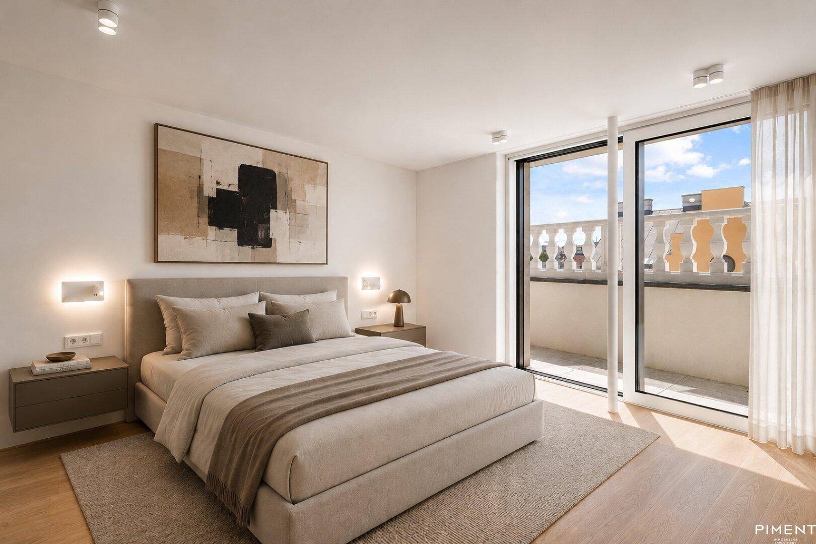Modernes Schlafzimmer mit Doppelbett, minimalistischer Einrichtung und Zugang zu einem privaten Balkon.