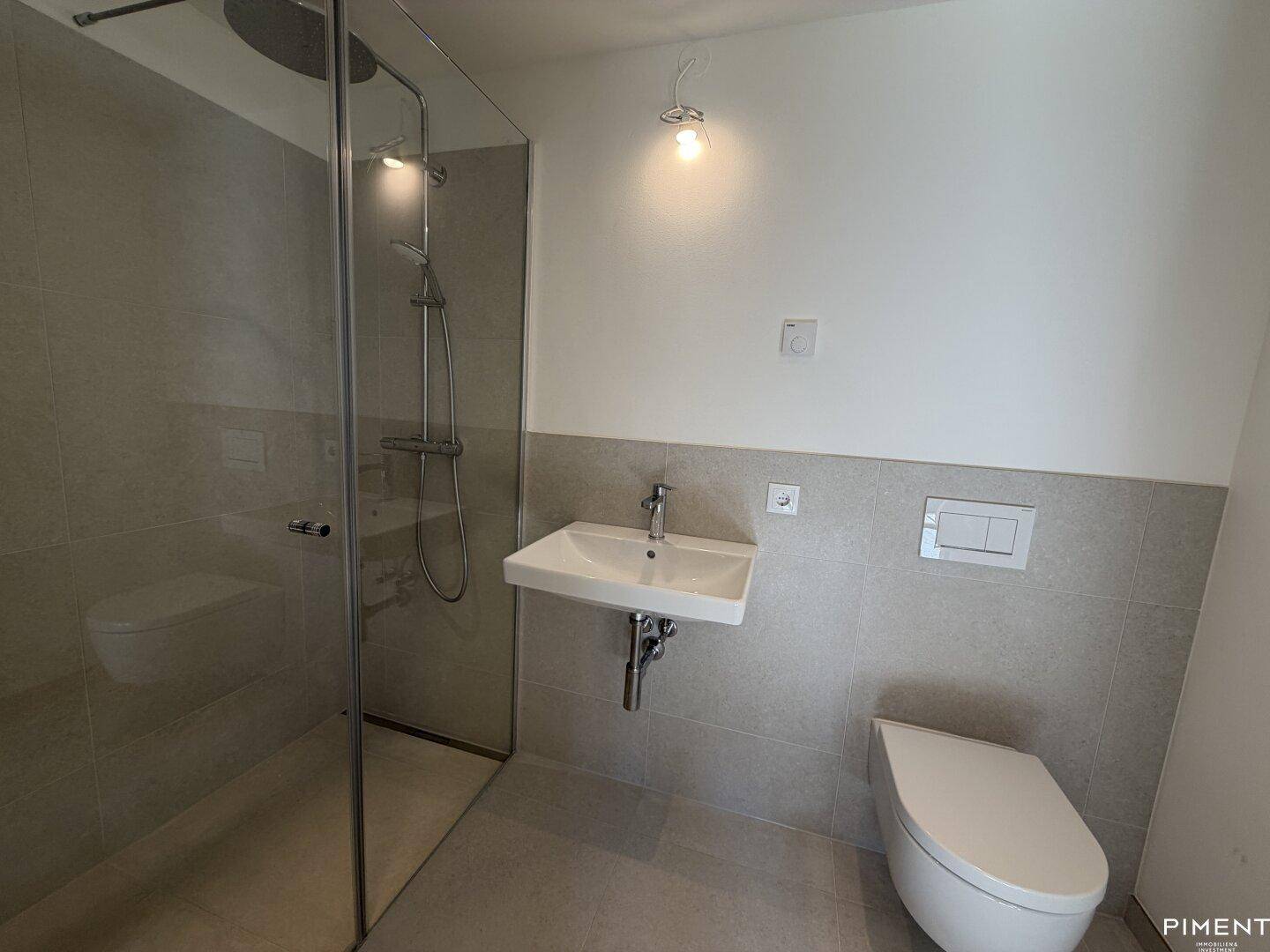Modernes Badezimmer mit begehbarer Dusche, Einzelwaschbecken und Wand-WC in Grautönen.