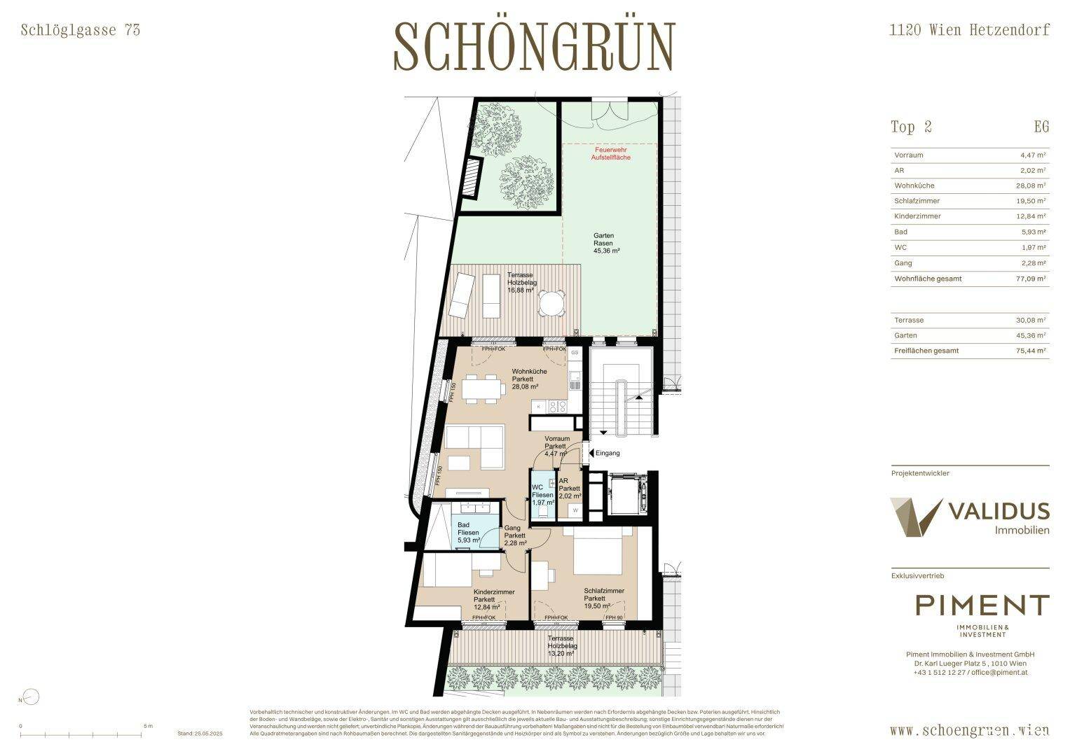 Detaillierter Grundriss der Wohnung Top 2 mit Garten, Terrasse und drei Zimmern.