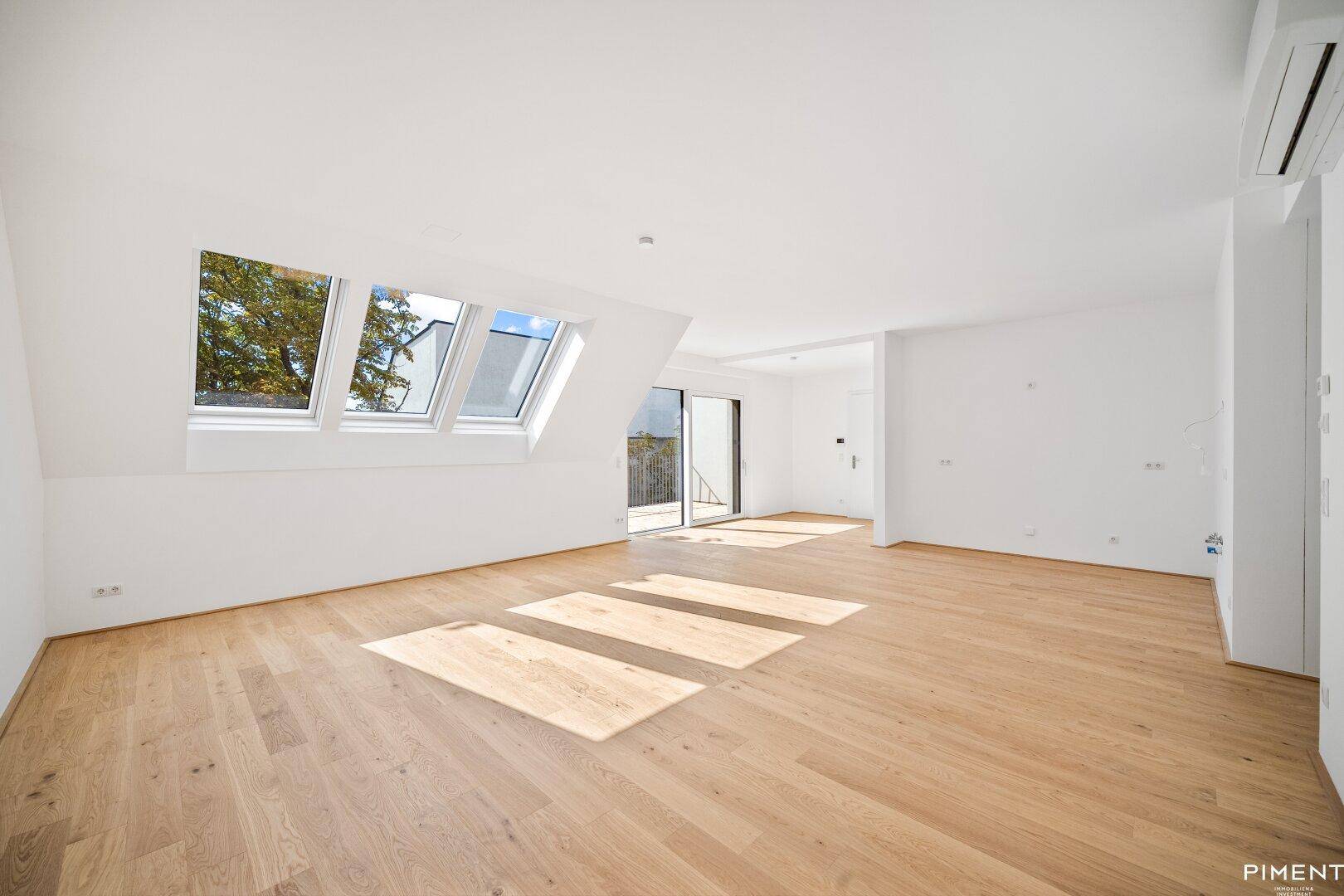 Heller, leerer Raum mit Holzboden, Dachfenstern und Zugang zu einem Außenbereich.
