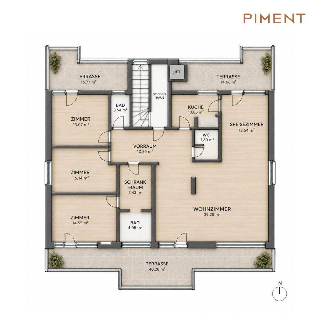 Detaillierter Grundriss einer Etage mit mehreren Zimmern, Terrassen und Aufzug.