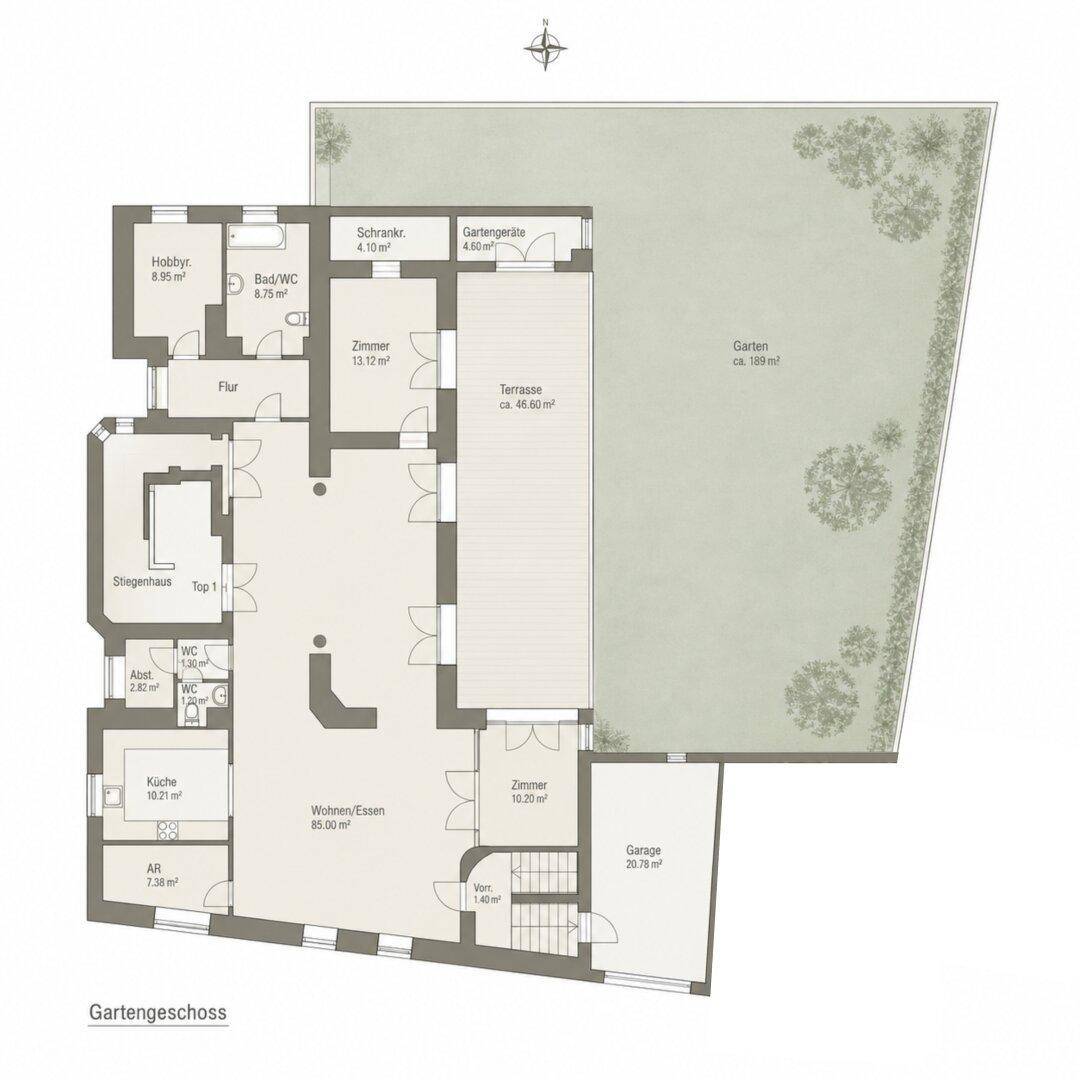 Grundriss des Gartengeschosses mit offenem Wohn-Essbereich, Küche, drei Zimmern, Bad, WC, Terrasse und großem Garten.