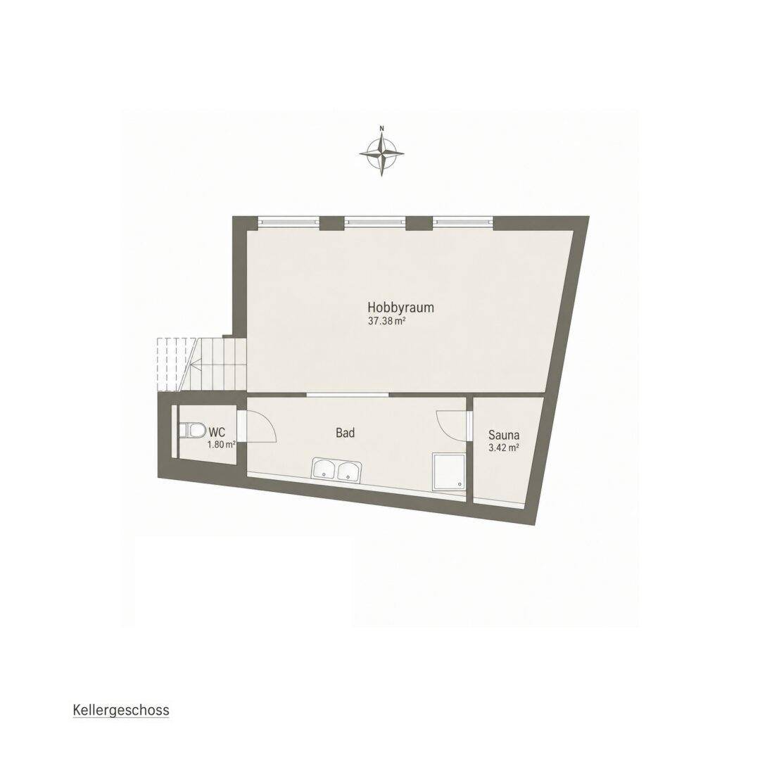 Grundriss des Kellergeschosses mit Hobbyraum, Bad, WC und einer integrierten Sauna.