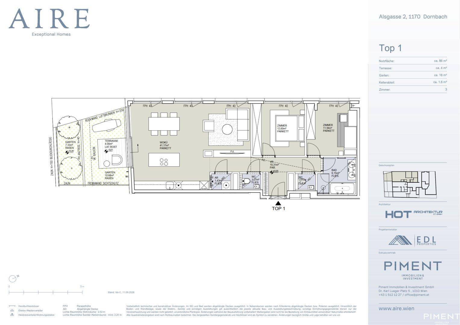 Detaillierter Grundriss einer Wohnung mit Terrasse, Garten und offenem Wohnbereich.