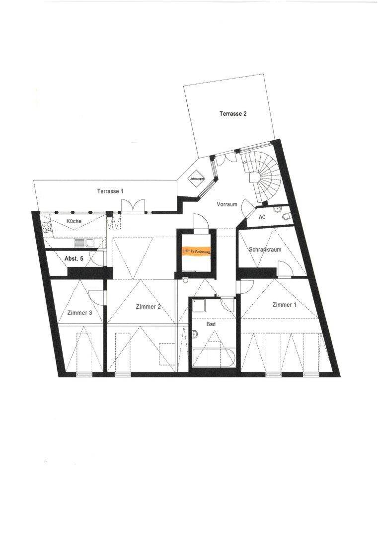Grundriss einer Dachgeschosswohnung mit zwei Terrassen, drei Zimmern und Aufzugzugang.