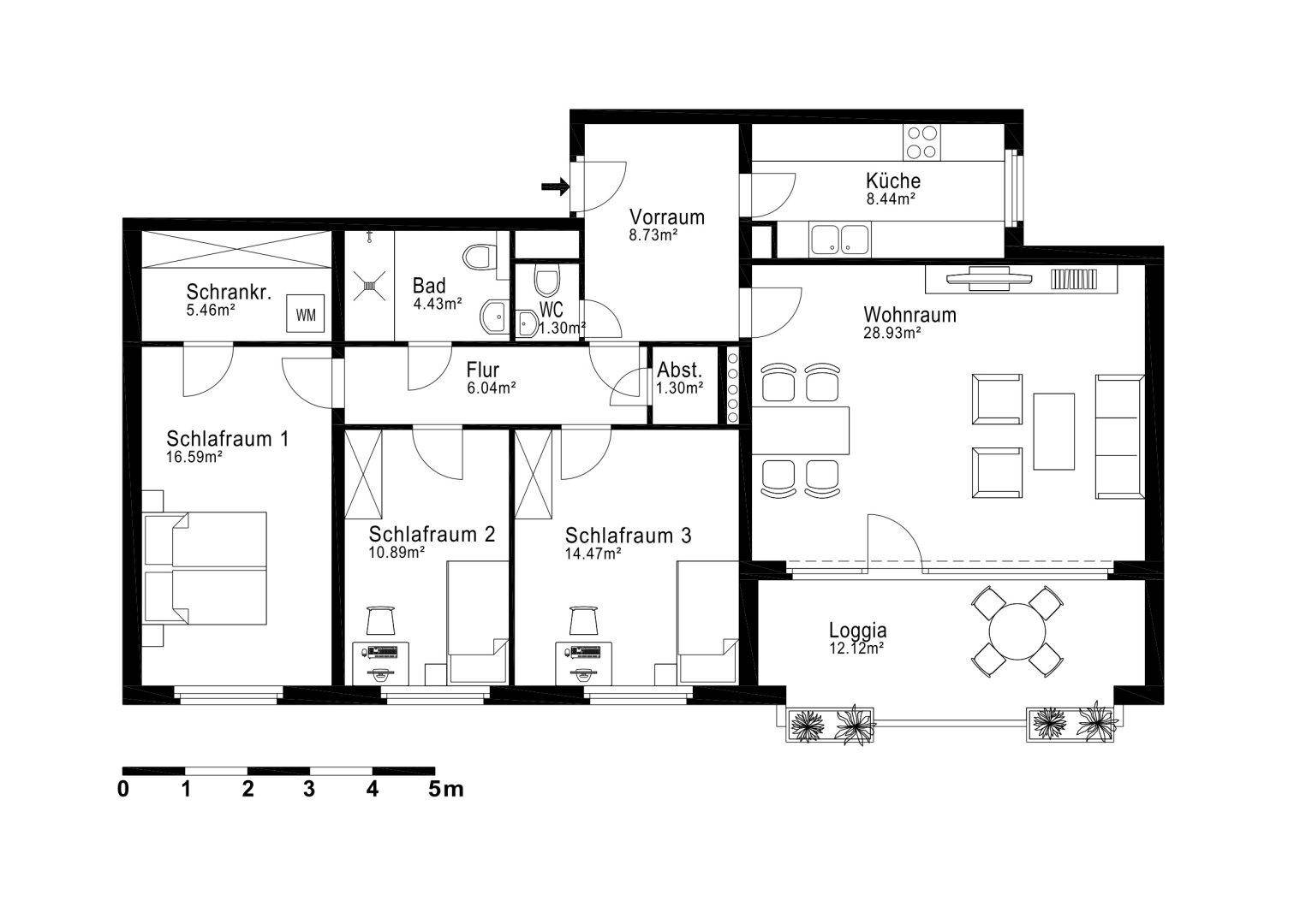 Detaillierter Grundriss einer Wohnung mit drei Schlafzimmern, Loggia und offenem Wohnbereich.