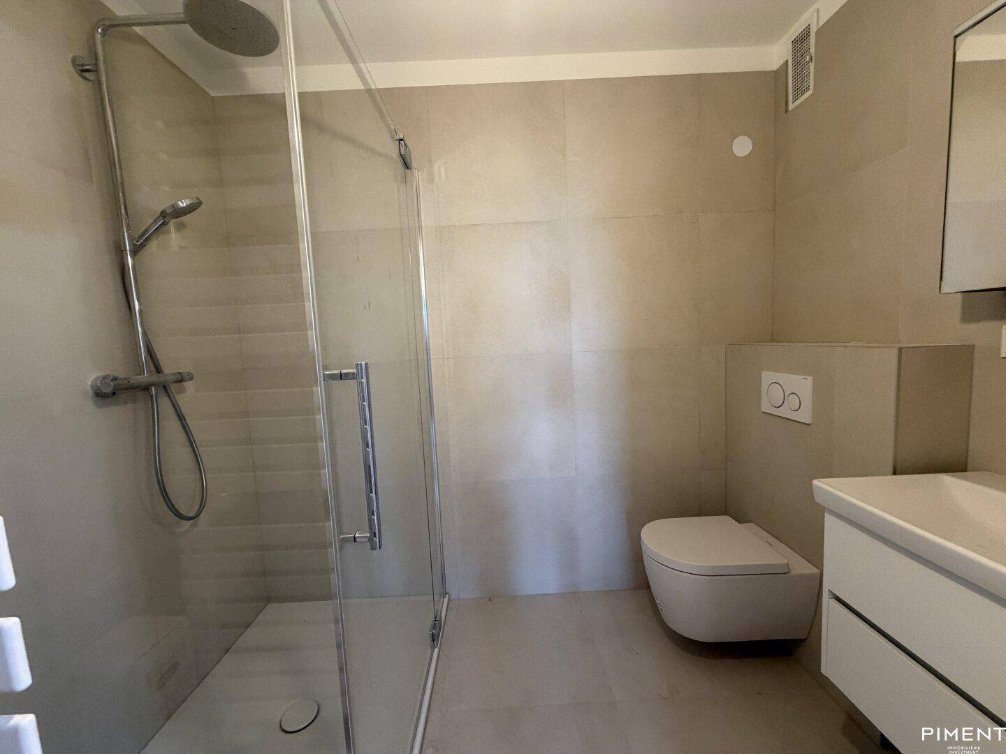 Modernes Badezimmer mit begehbarer Dusche, Wand-WC und Einzelwaschbecken.