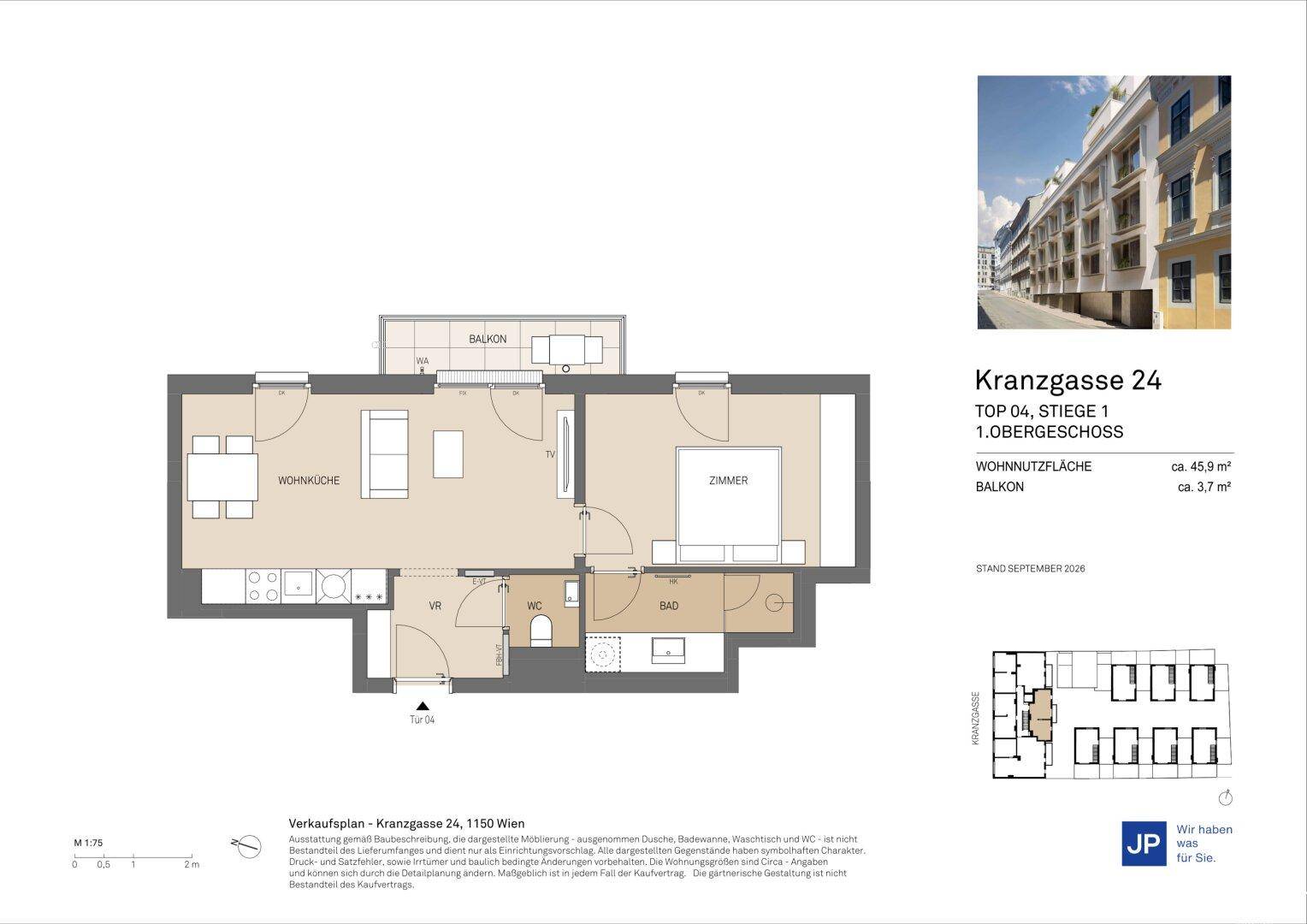 Grundriss einer Wohnung im Obergeschoss mit Balkon und separatem WC.