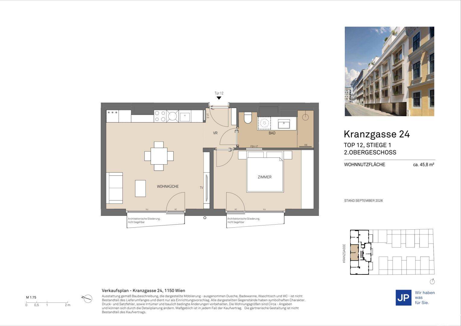 Grundriss einer 2-Zimmer-Wohnung mit offener Wohnküche, Schlafzimmer und Bad.