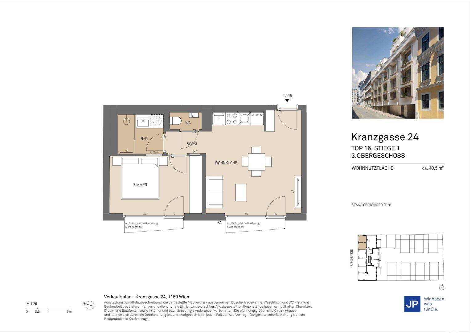 Grundriss einer Wohnung mit einem Schlafzimmer, Bad und offenem Wohn-Essbereich.