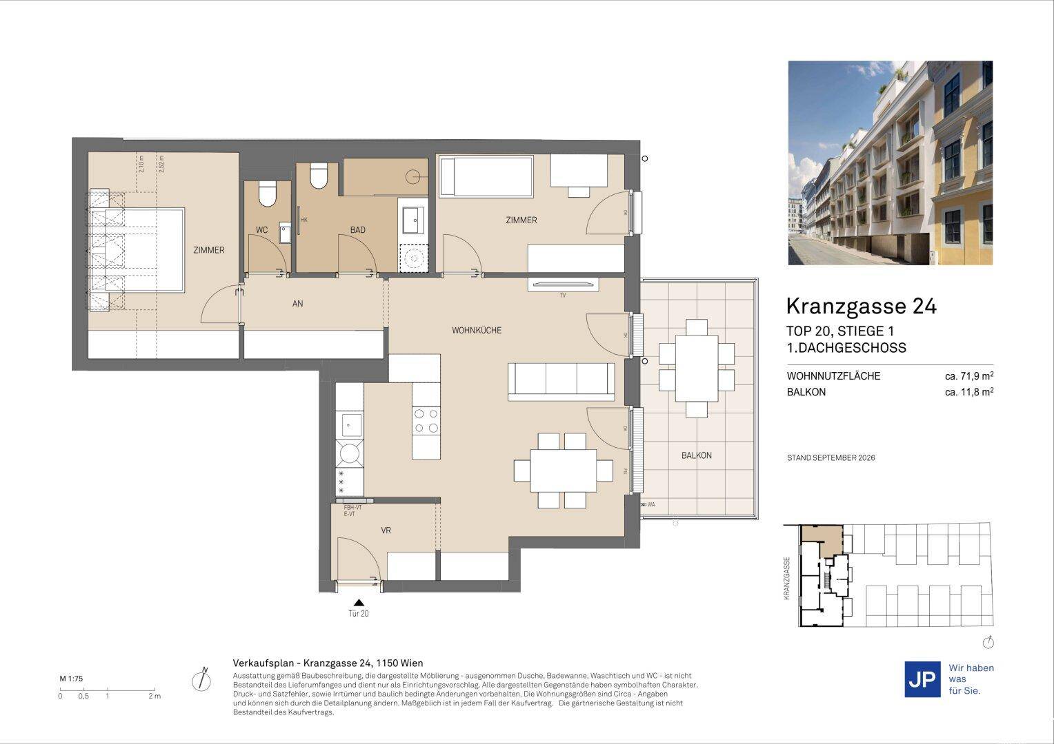 Grundriss einer Dachgeschosswohnung mit Wohnküche, zwei Zimmern und Balkon.