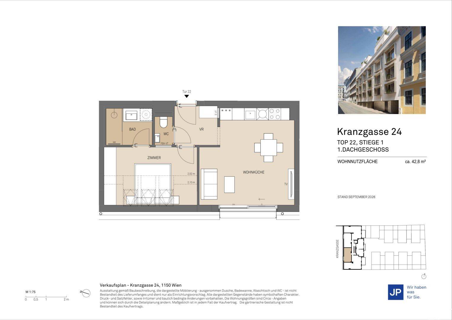 Detaillierter Grundriss einer Dachgeschosswohnung mit Wohnküche und einem Schlafzimmer.