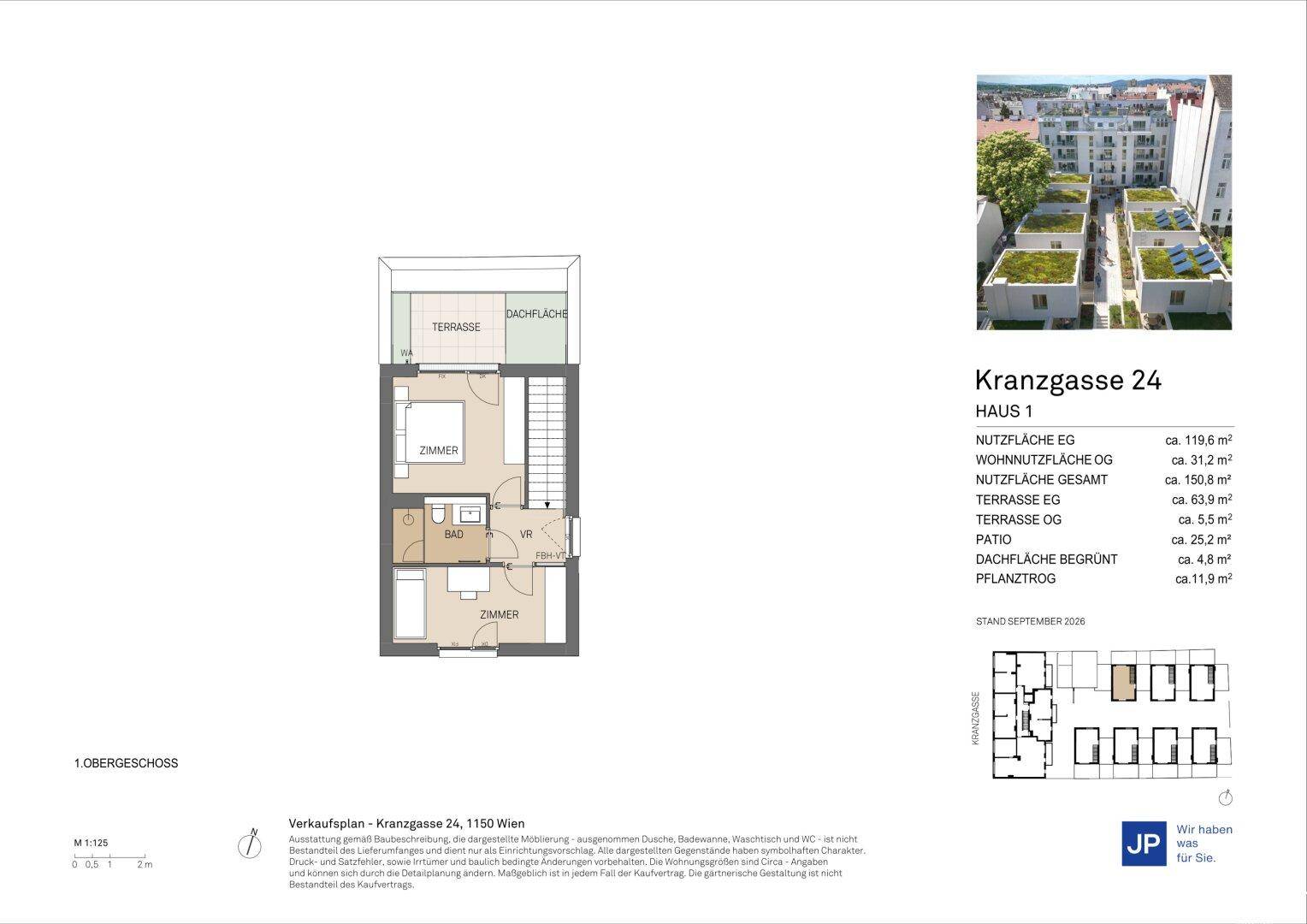 Grundriss des Obergeschosses von Haus 1 mit zwei Schlafzimmern und einem Badezimmer.