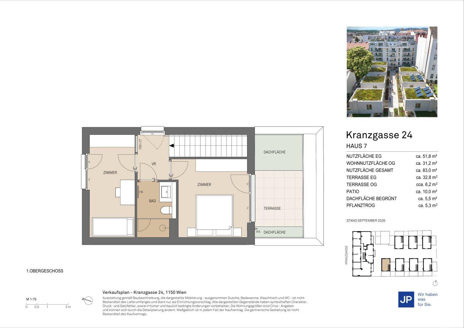 Grundriss des Obergeschosses von Haus 7 mit zwei Schlafzimmern und einer weiteren Terrasse.