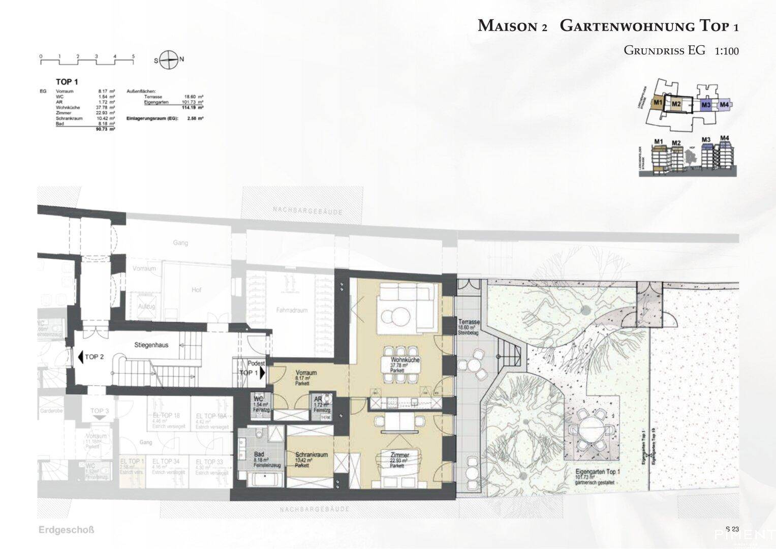 Grundriss der Gartenwohnung Top 1 mit Terrasse und offenem Wohnbereich.