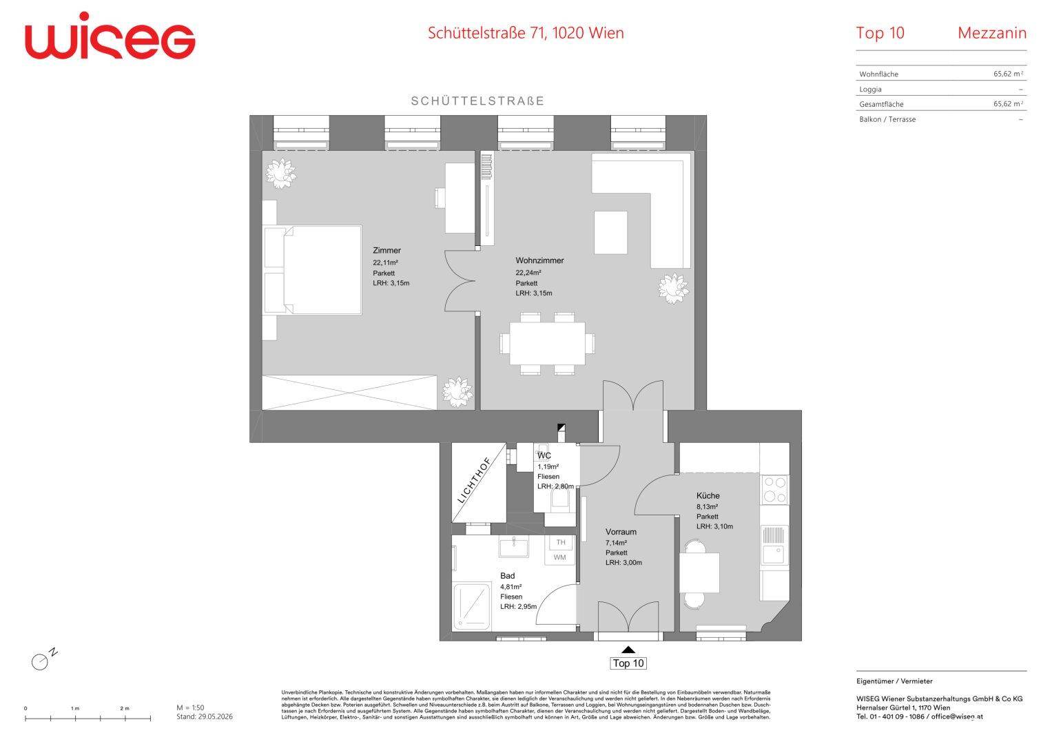 Grundriss einer Wohnung mit Wohnzimmer, Schlafzimmer, Küche, Bad, WC und einer Loggia.