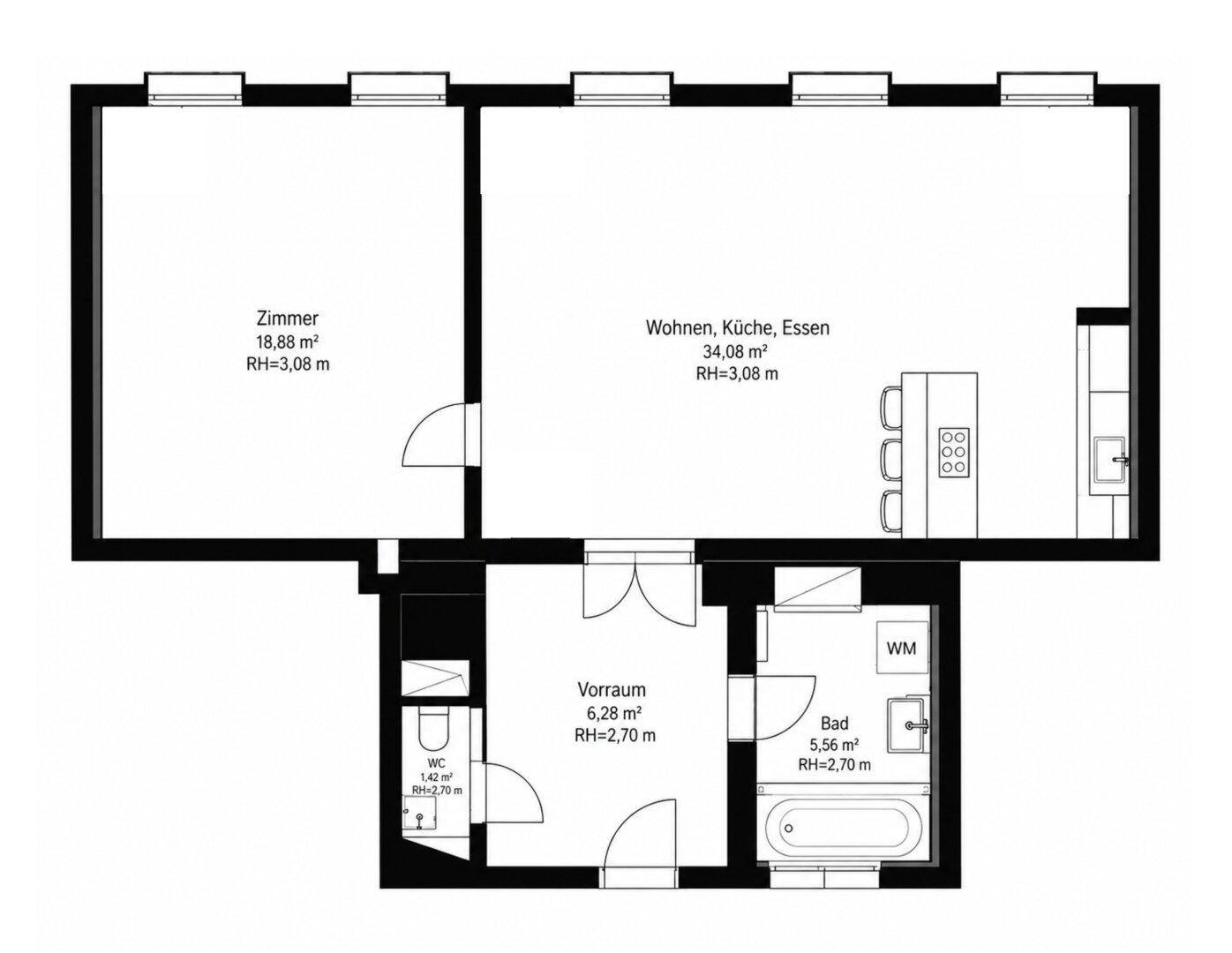 Grundriss einer Wohnung mit offenem Wohn-, Küchen- und Essbereich sowie separaten Zimmern.