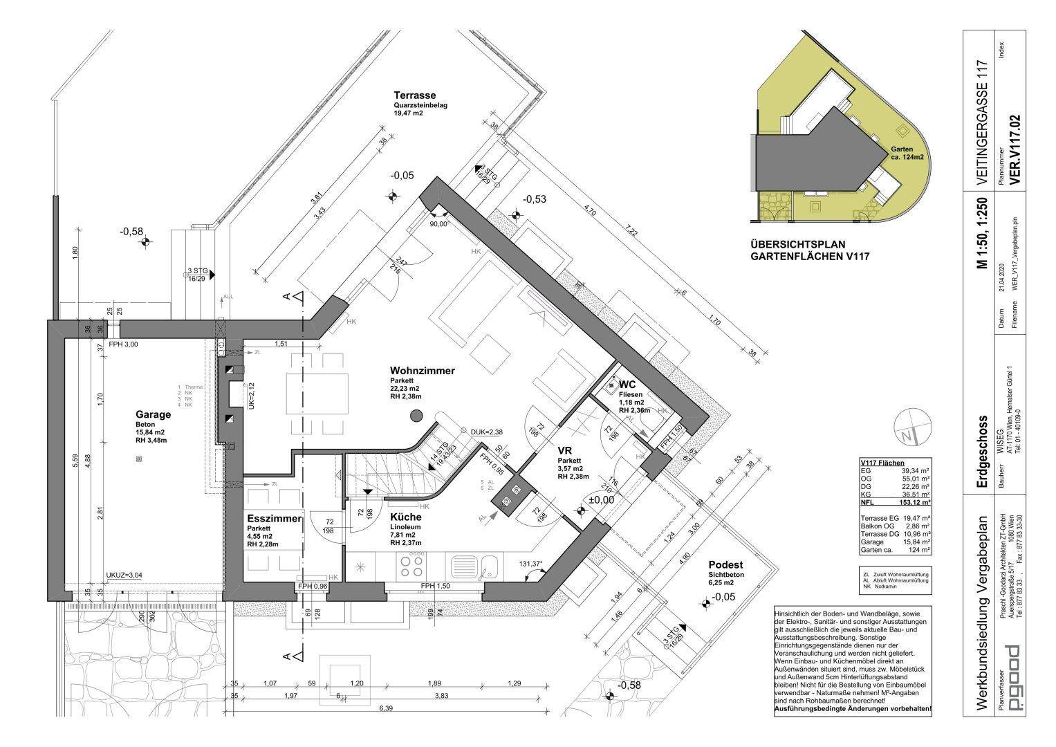 Grundriss des Erdgeschosses mit Wohnzimmer, Küche, Esszimmer, WC und Terrasse.