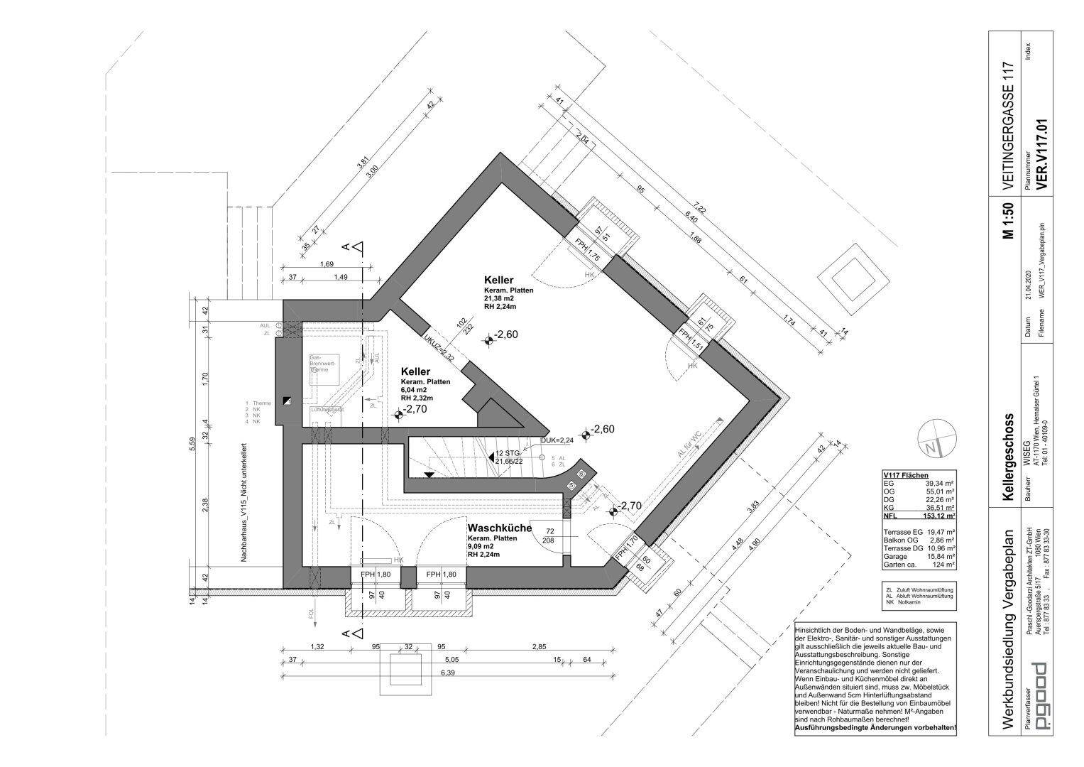 Grundriss des Kellergeschosses mit mehreren Kellerräumen und Waschküche.