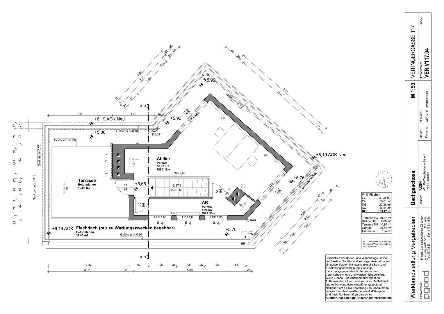 Grundriss des Dachgeschosses mit Atelier und großer Dachterrasse.