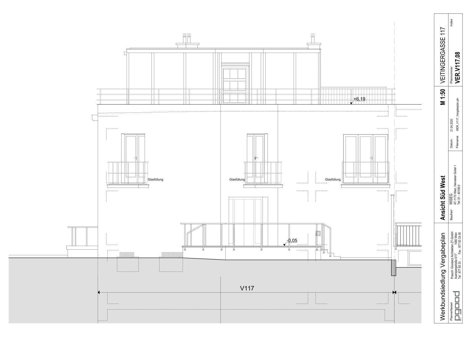 Architektonische Ansicht eines modernen Gebäudes mit mehreren Balkonen und einer Dachterrasse.