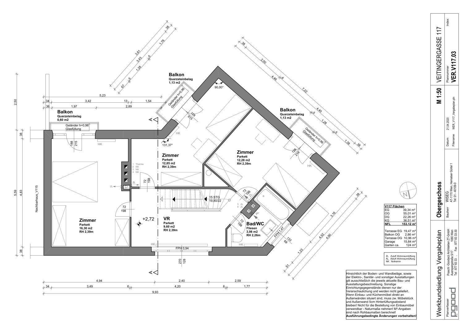 Grundriss des Obergeschosses mit drei Zimmern, Bad/WC und zwei Balkonen.