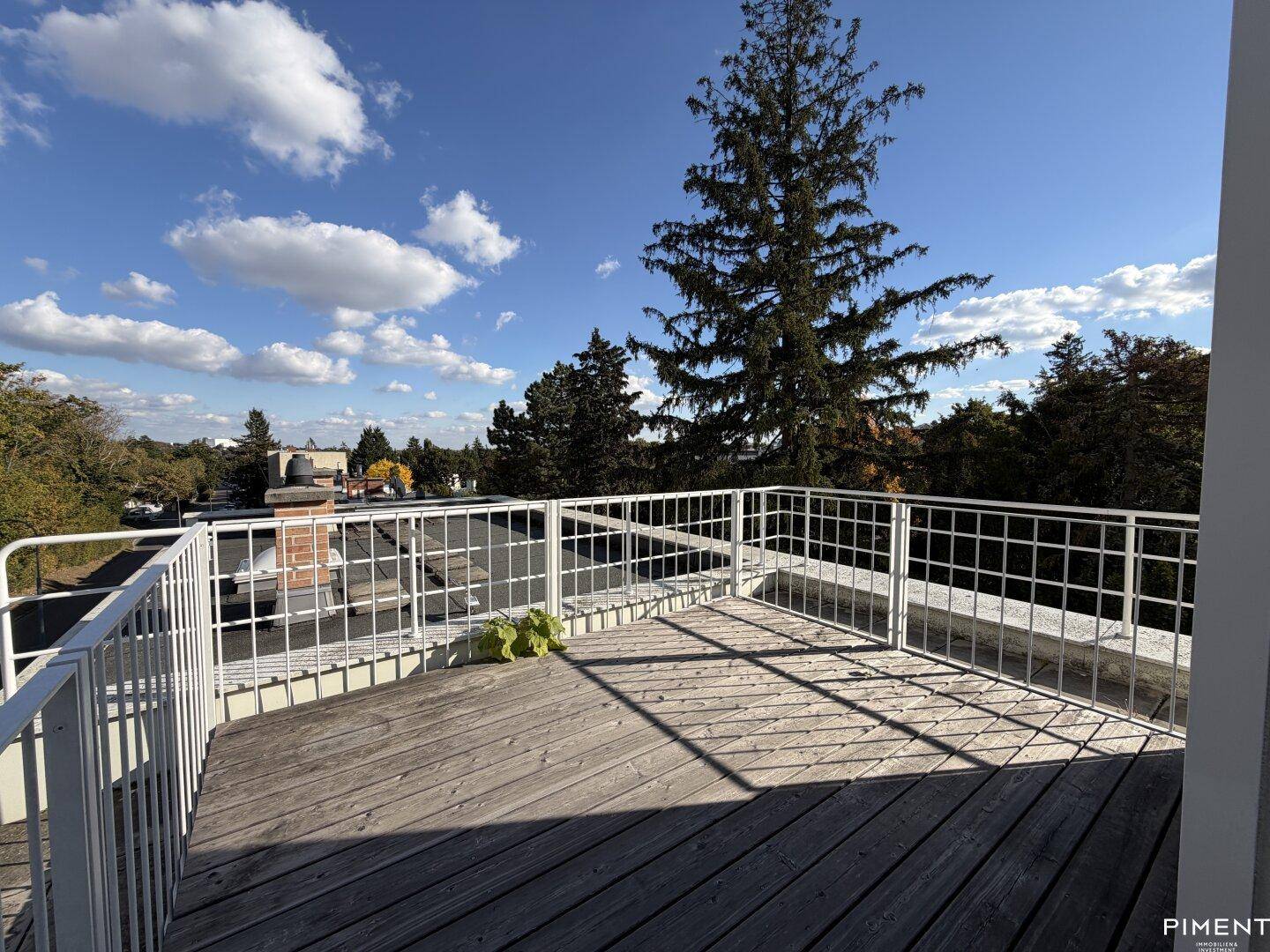 Weitläufige Dachterrasse mit Holzdielen und einem Panoramablick über die Umgebung.
