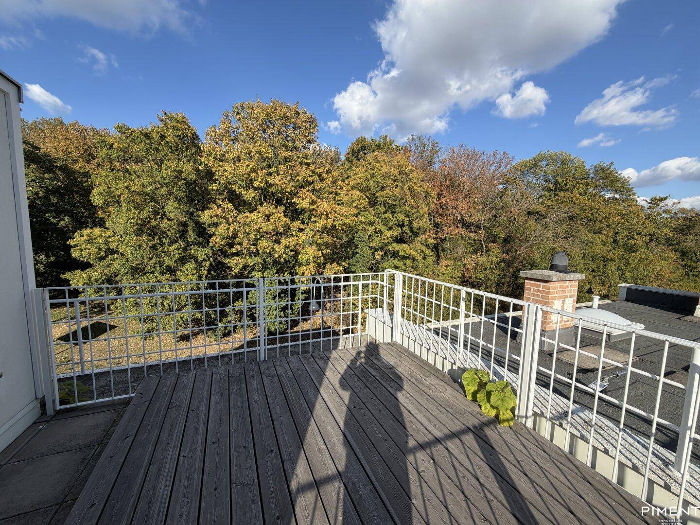 Großzügige Dachterrasse mit Holzboden und weitem Blick auf grüne Bäume und den Himmel.