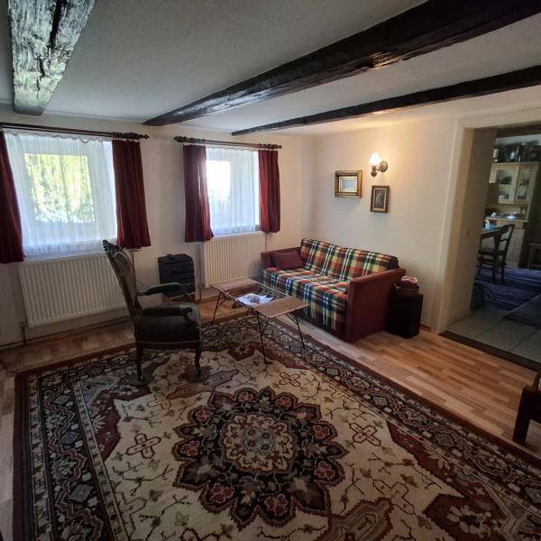 Helles Wohnzimmer mit zwei Fenstern, Holzbalken und einem karierten Sofa.