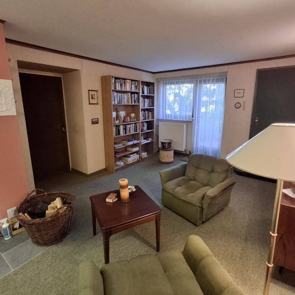 Wohnzimmer mit Teppichboden, bequemen Sesseln und einem Bücherregal.
