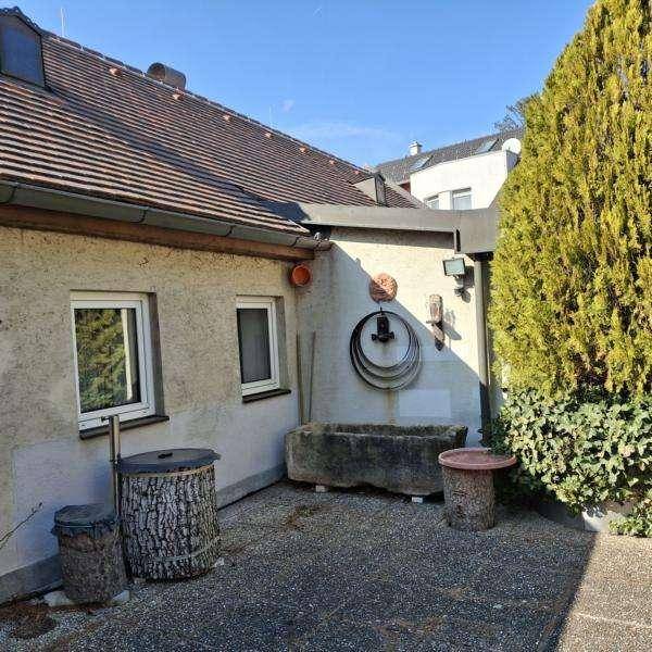 Außenansicht des Hauses mit einem großen Busch, Fenstern und einem Steintrog.