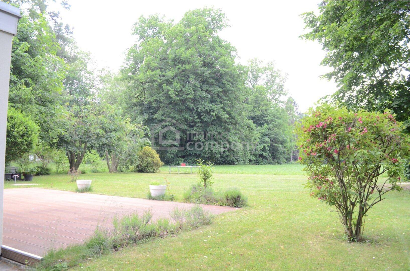Großer, gepflegter Garten mit weitläufiger Rasenfläche und einer Holzterrasse, umgeben von Bäumen.
